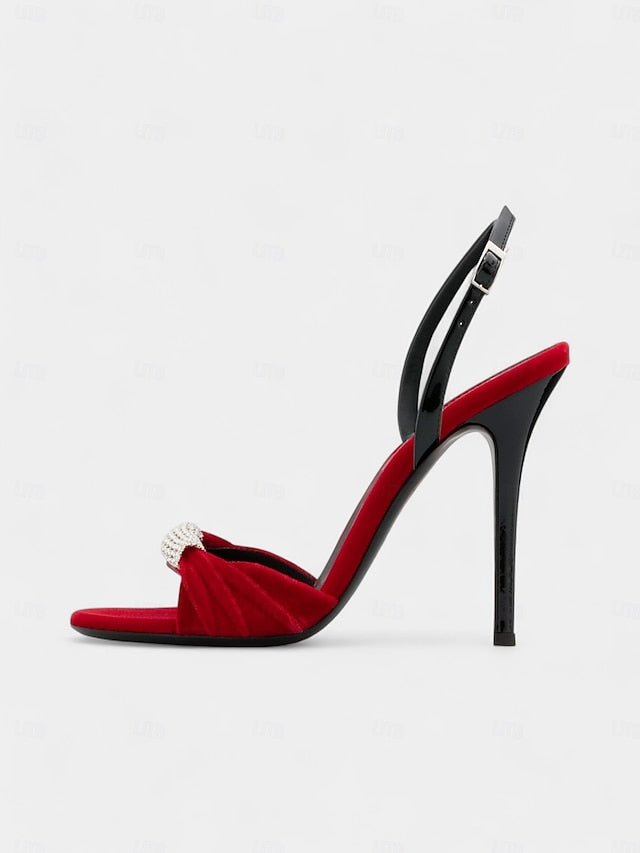 with Red Accent Stiletto – Rhinestone Bold Heels Velvet FashionChic