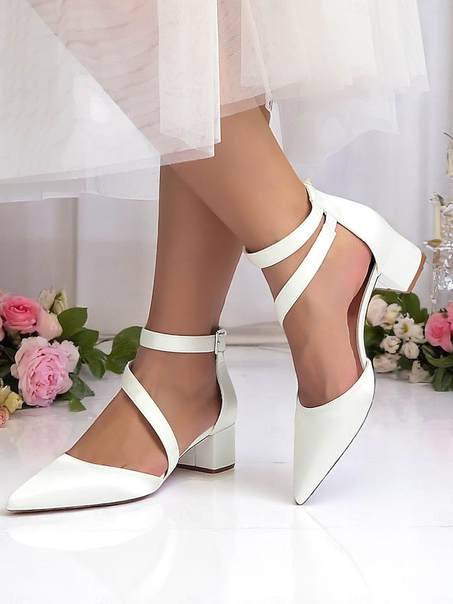 Women's Champagne Pointed Block Heels Satin Toe - FashionChic