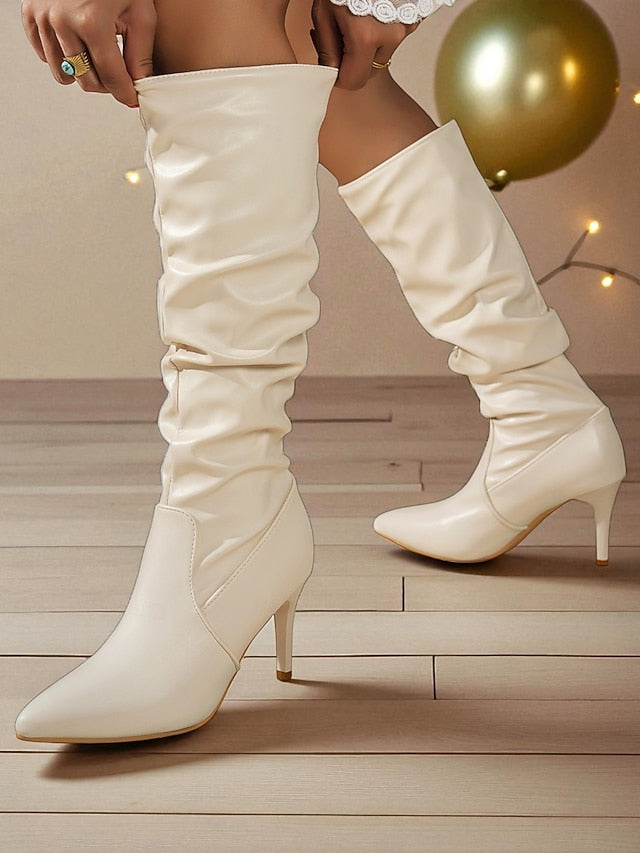 Knee Pointed Faux - Boots Leather High Women's Toe Brown FashionChic