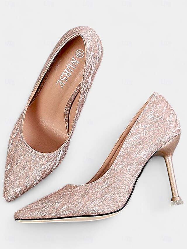 Pointed Toe Champagne Heels Women's Stiletto Glitter with FashionChic