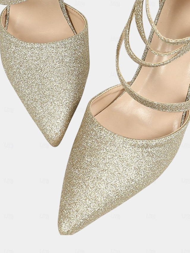 Strappy Pointed Glitter Ankle Wrap Toe - Women's High Heels FashionChic