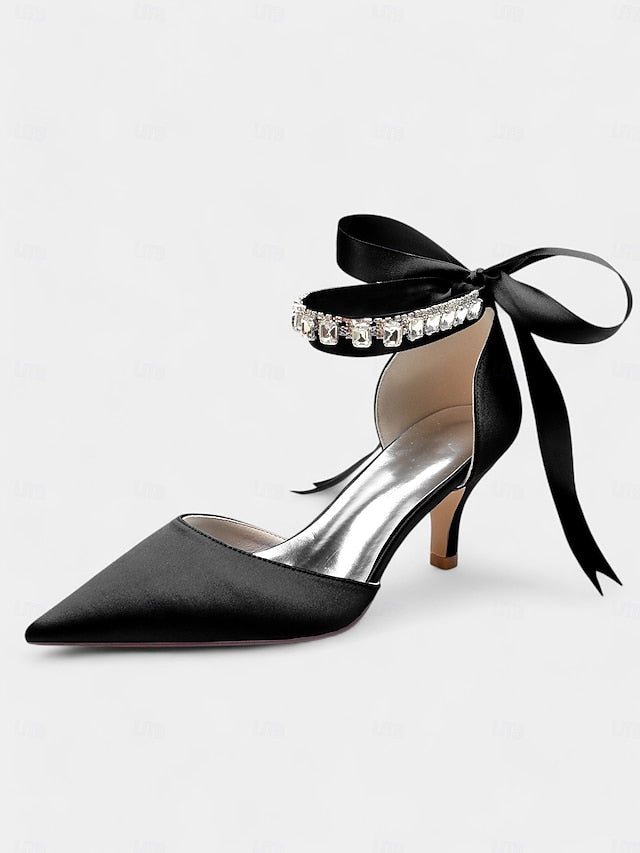 and Strap Blue Satin with Rhinestone Pointed-Kitten Ankle Heels FashionChic