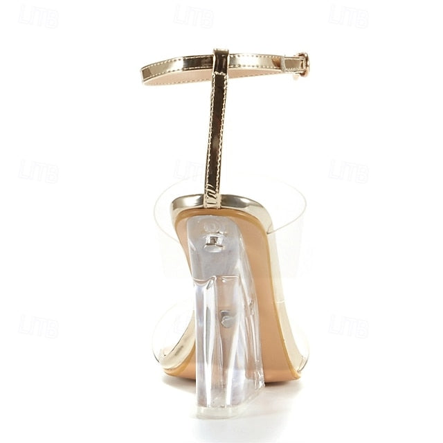 Straps Women's Wedge Transparent Heels Gold with Clear and FashionChic