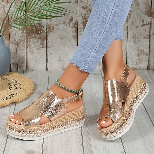 Metallic Women's Espadrille Faux Platform Gold Leather FashionChic