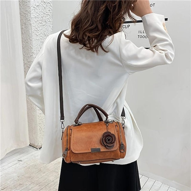 Vintage-Style Floral Handbag Women's Faux with Leather FashionChic
