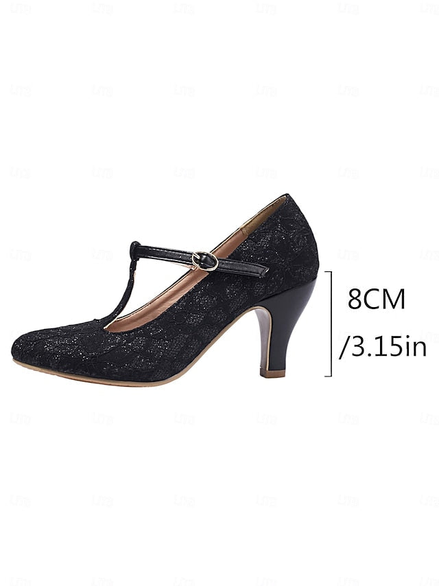 Ivory Pumps-1920s Women's Vintage Mid Lace Heel T-Strap FashionChic