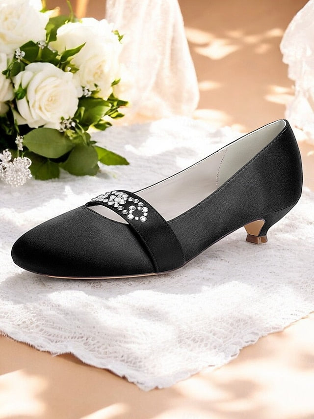 Blue Satin Heels Kitten Rhinestone with Women's FashionChic