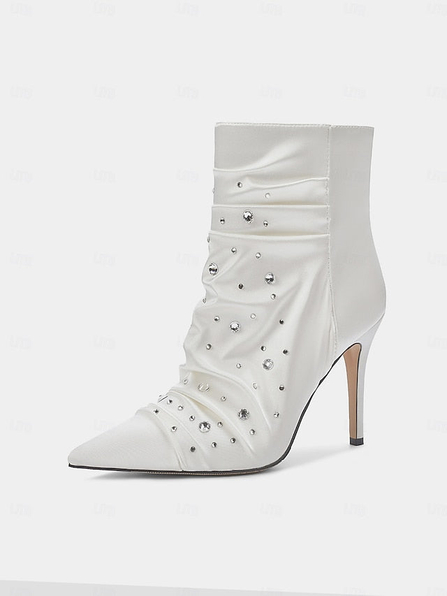 Boots with Satin Women's Ankle Rhinestone White FashionChic