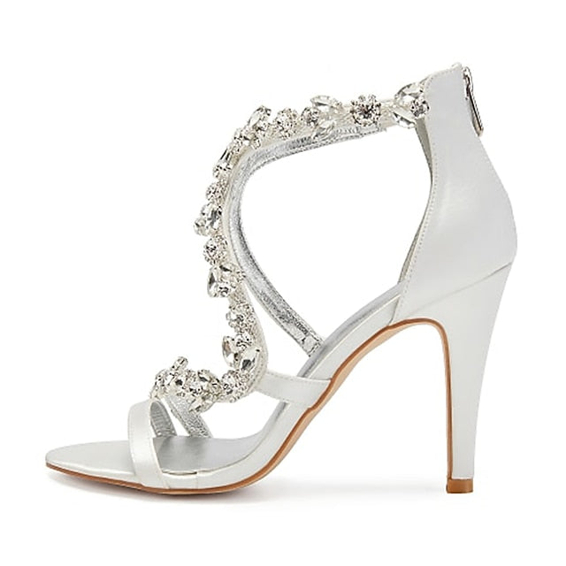 Pink Rhinestone Women's Heel Satin Floral High Sandals with FashionChic