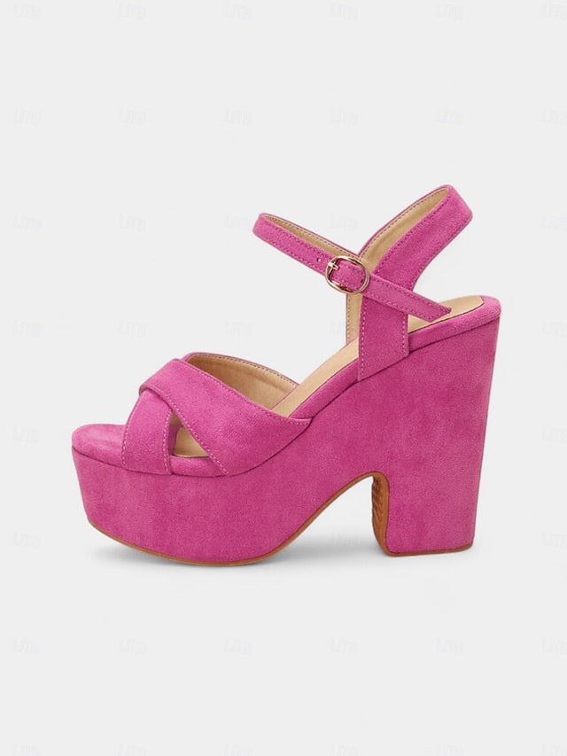 - Hot Pink Suede with Platform Ankle Sandals Strap Women's FashionChic