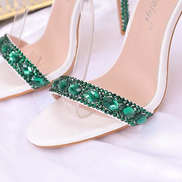 Ankle Stiletto Matching with Women's Heels Green Rhinestone FashionChic