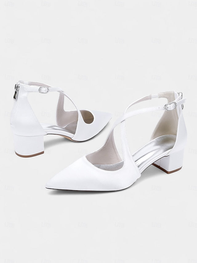 Satin - Block Pointed Toe Women's Heels Elegant Ivory FashionChic
