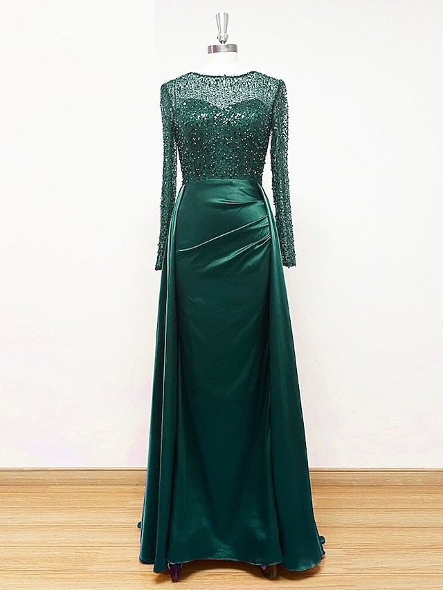 RuchedSatin Dress Sleeves Mermaid Gown Evening Sequin Long FashionChic