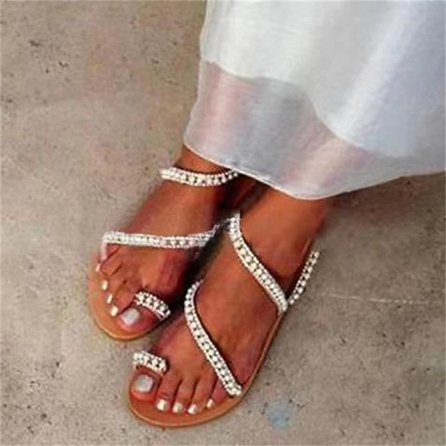 Elegant Pearl-Embellished Sandals – Flat Women's Strappy FashionChic