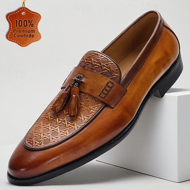 – Leather Tan Vintage Men's Loafers Dress Tassel Slip-On FashionChic