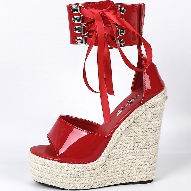 Patent Black Women's Leather Wedge Sandals with Espadrille FashionChic