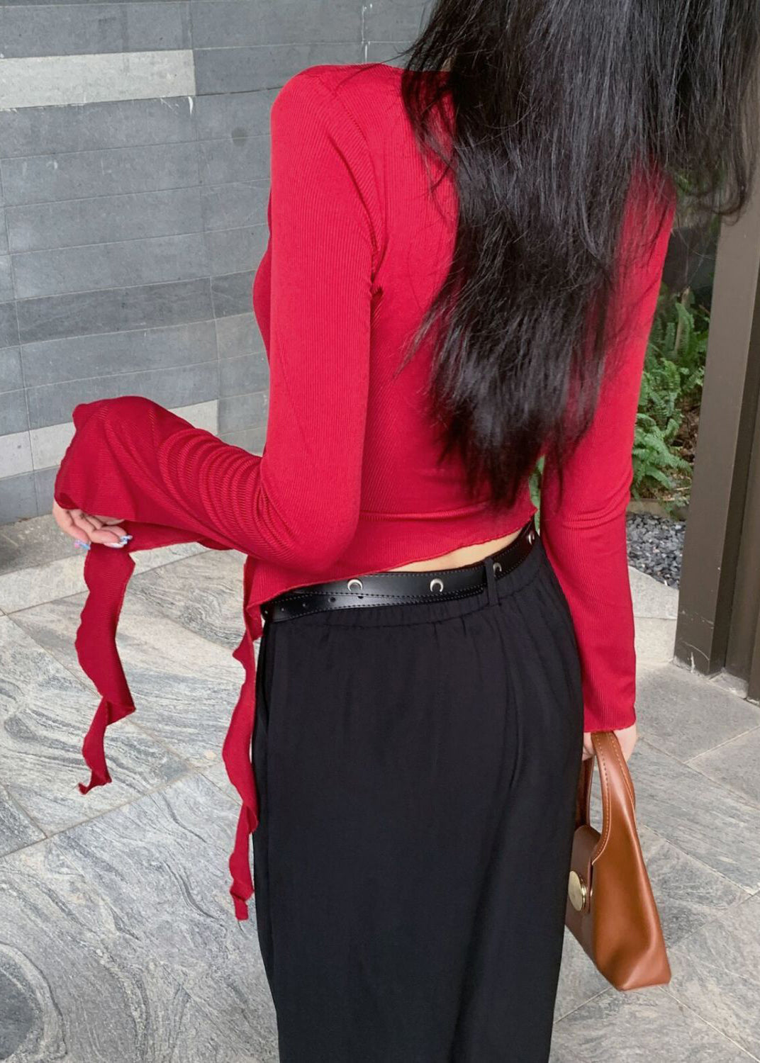 lim Fit Hollow Spring Cotton Shirt Red T Asymmetrical Out FashionChic