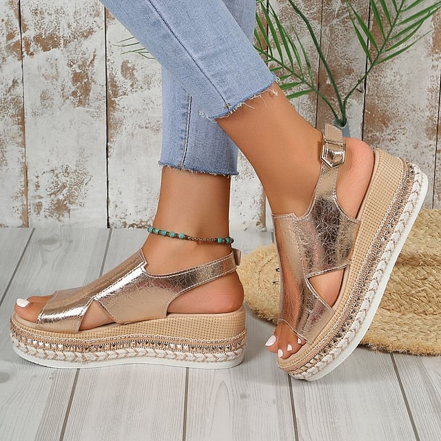 Metallic Women's Espadrille Faux Platform Gold Leather FashionChic