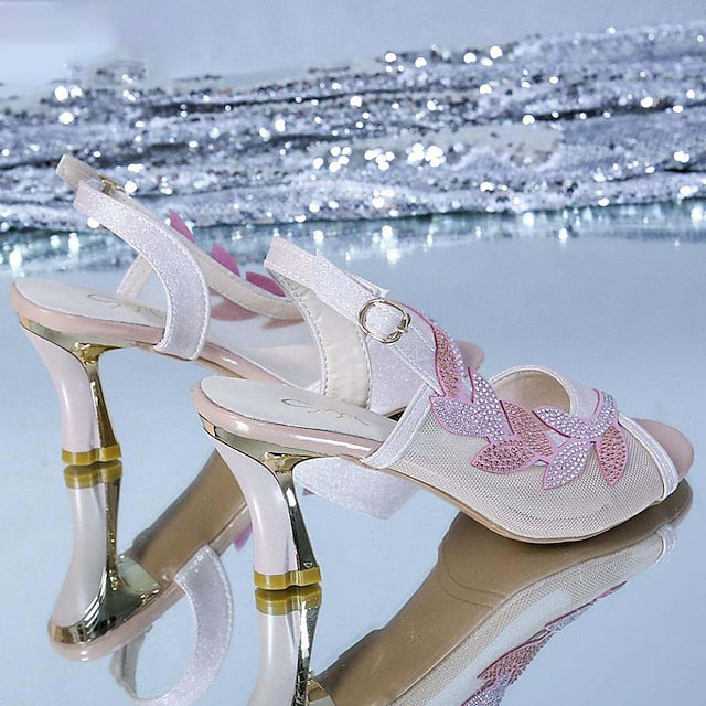 Elegant Heeled Mesh Sandals White Rhinestone – Women's FashionChic