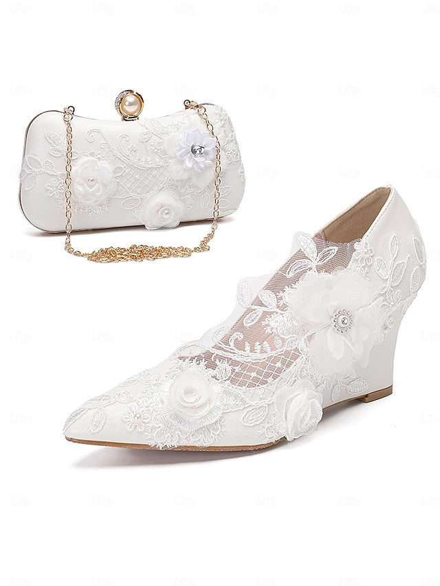 Lace White Wedding Shoes Embellishments Floral with FashionChic
