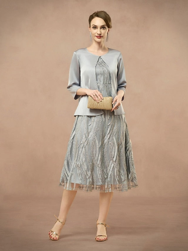 A-Line Neck the Two Jewel of Pieces Dress Bride Elegant Mother FashionChic