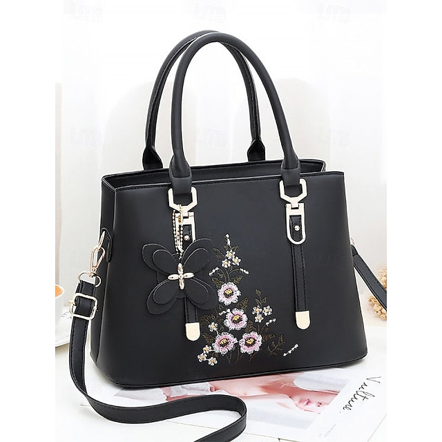 Faux Women's Handbag Embroidery Floral with Leather Green FashionChic