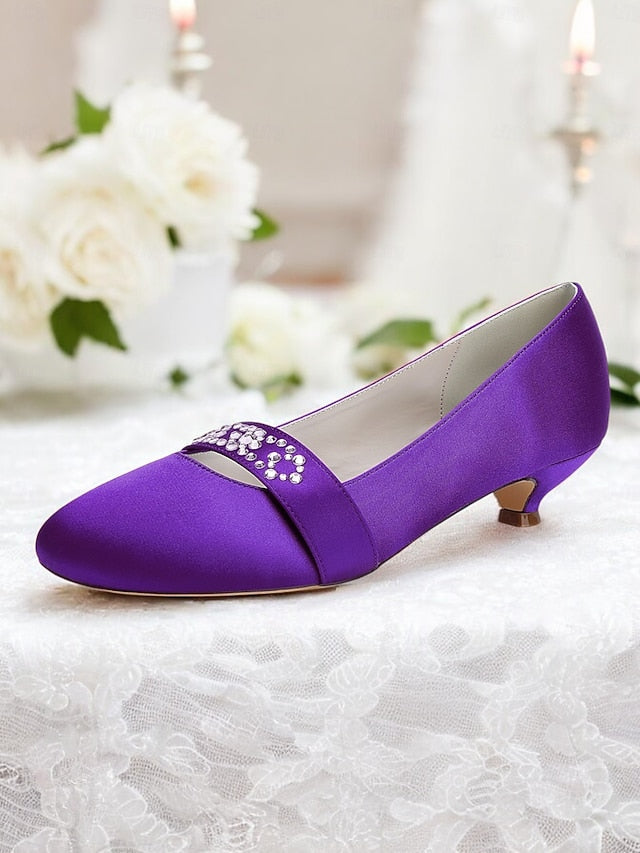 Blue Satin Heels Kitten Rhinestone with Women's FashionChic