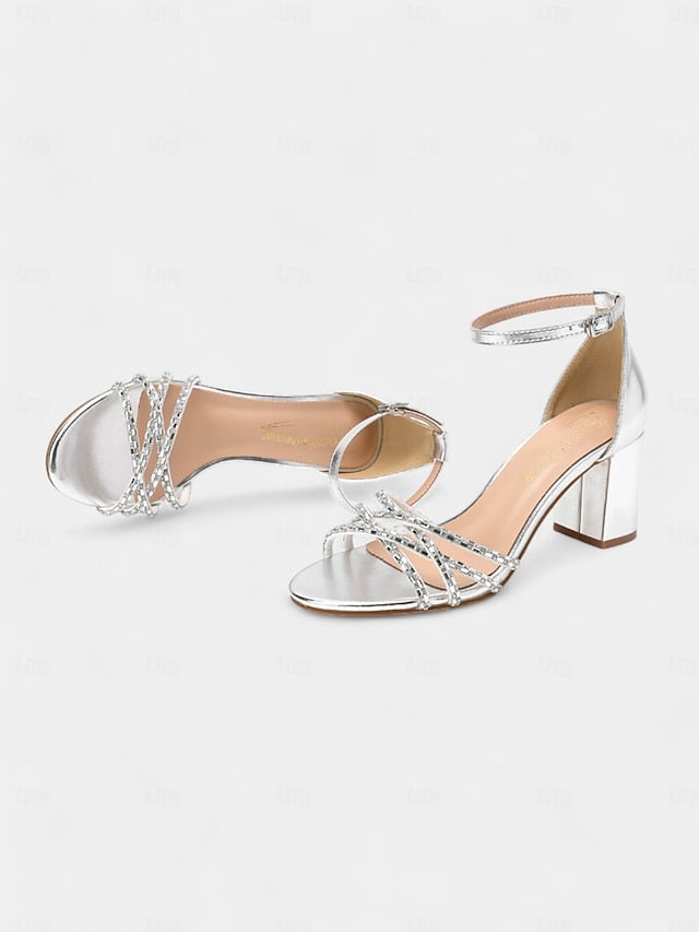 with Metallic Silver Block Rhinestone Heel Strappy Sandals FashionChic