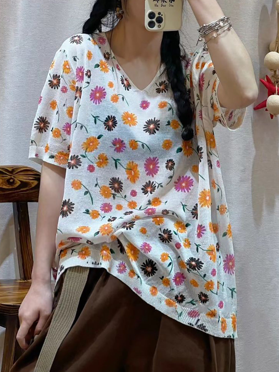 Women Casual Flower Summer V-Neck Loose Pullover Shirt QW1028 Ada Fashion