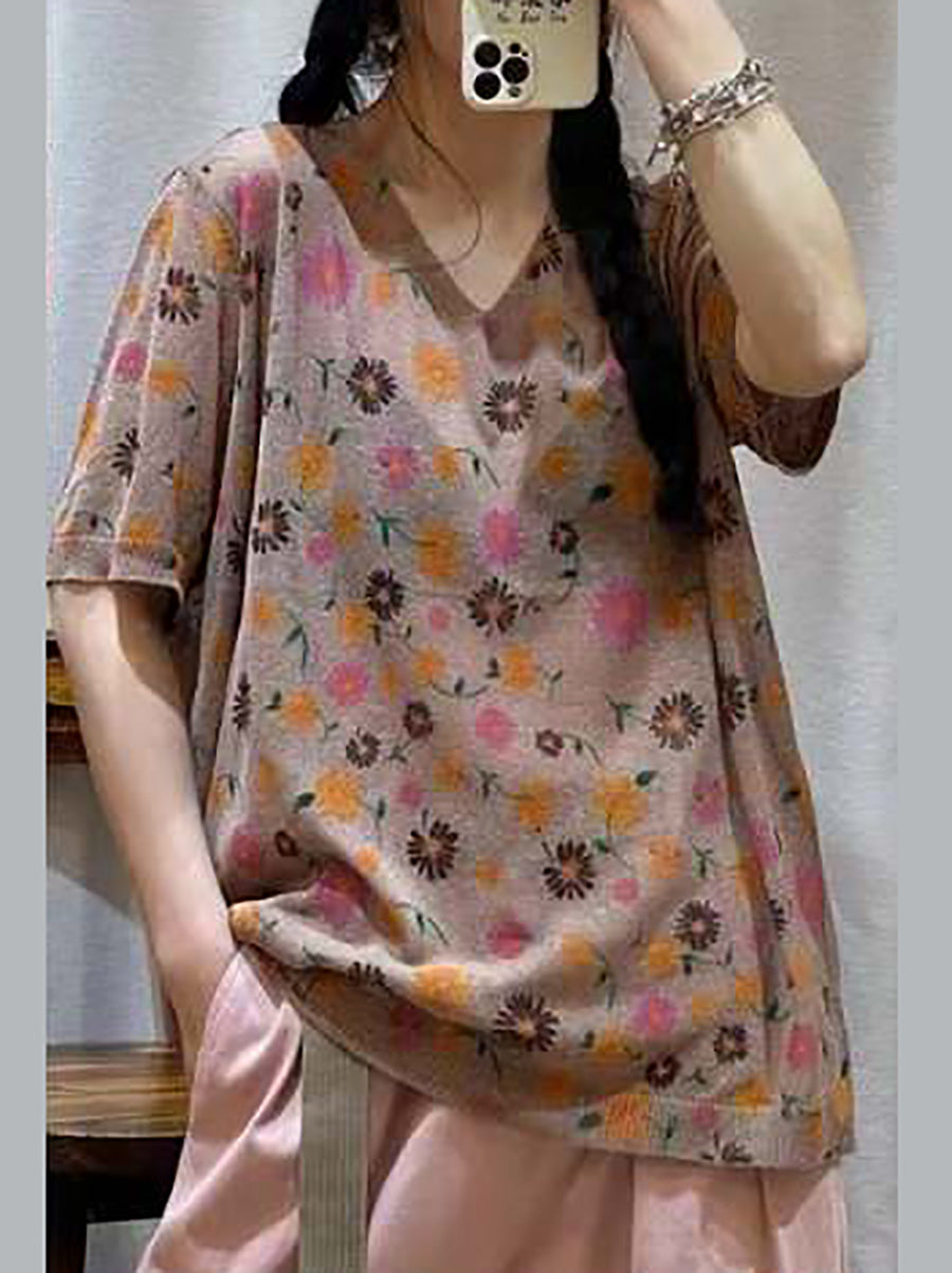 Women Casual Flower Summer V-Neck Loose Pullover Shirt QW1028 Ada Fashion