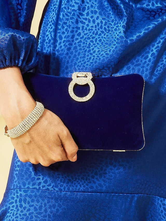 Velvet with Blue Bag Ring Clutch Rhinestone Women's Elegant FashionChic