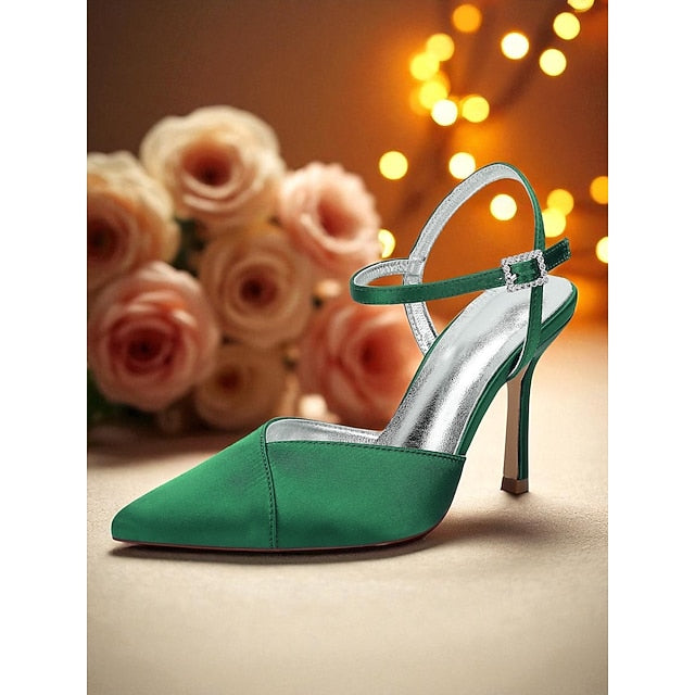 Women's Green - Ankle Strap Heels Satin with Stiletto FashionChic