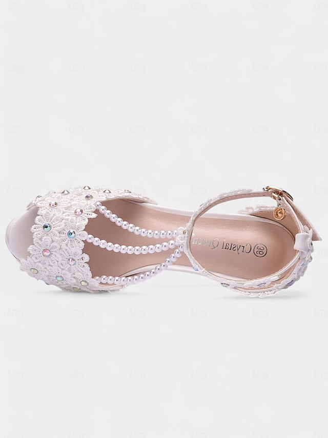 White Floral Bridal - Sandals Lace T-Strap Pearl-Decorated FashionChic
