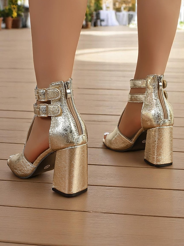 Sandals Heel Party Shiny Block - Women's Double Silver FashionChic