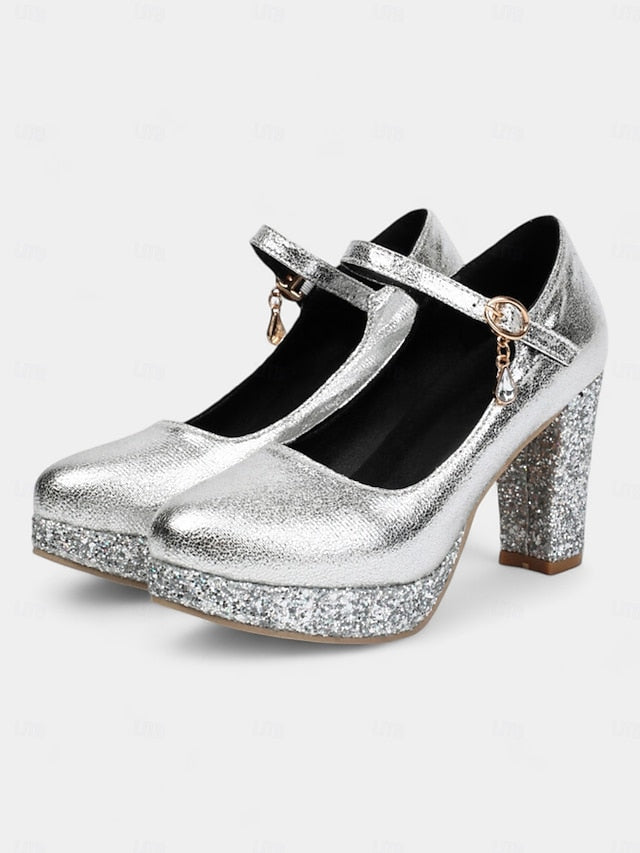 Heel Gold Sparkly Glitter Mary Block Pumps – Jane Women's FashionChic