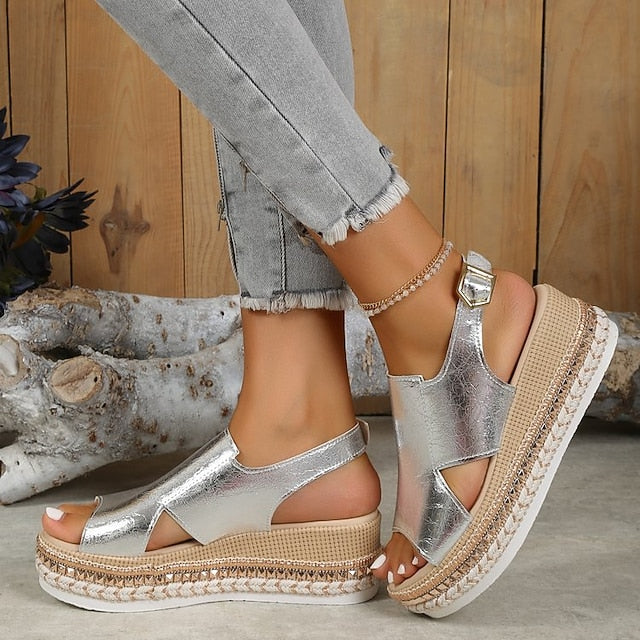Metallic Women's Espadrille Faux Platform Gold Leather FashionChic