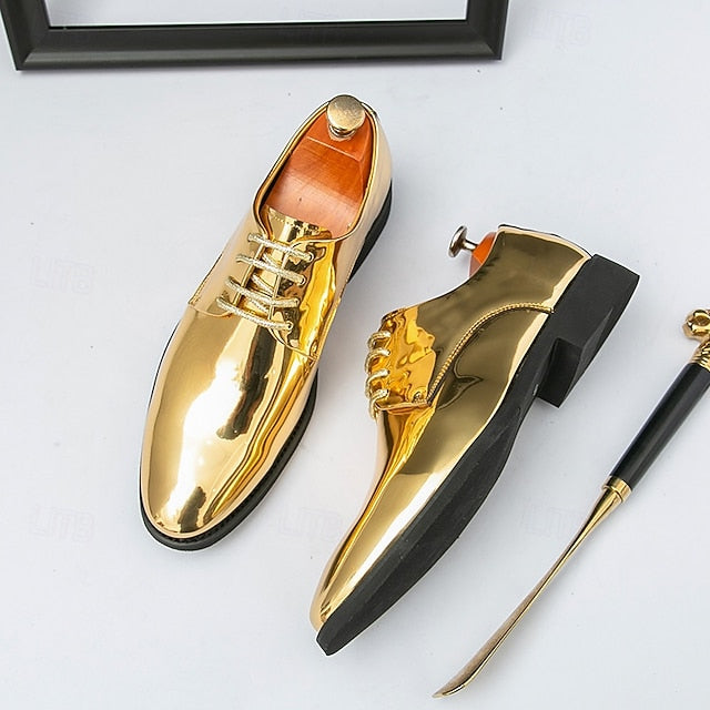 for Shiny Shoes Leather Men Sleek Gold – Patent Lace-Up FashionChic
