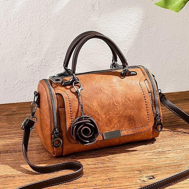 Vintage-Style Floral Handbag Women's Faux with Leather FashionChic