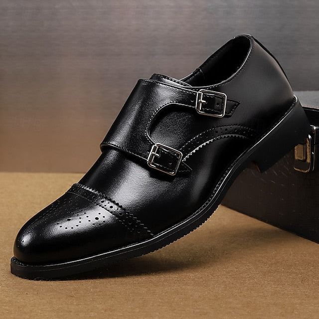 Double Men's Shoes Monk Strap Faux Brown with Dress Leather FashionChic