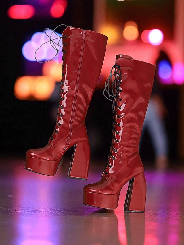 Platform Silver High Metallic Boots - Women's Lace-Up Knee FashionChic