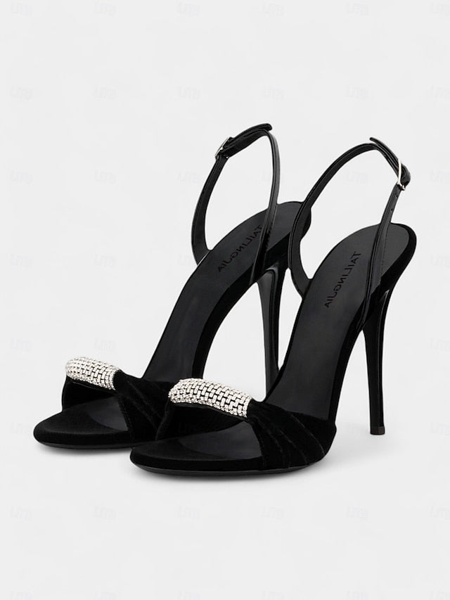 with Red Accent Stiletto – Rhinestone Bold Heels Velvet FashionChic