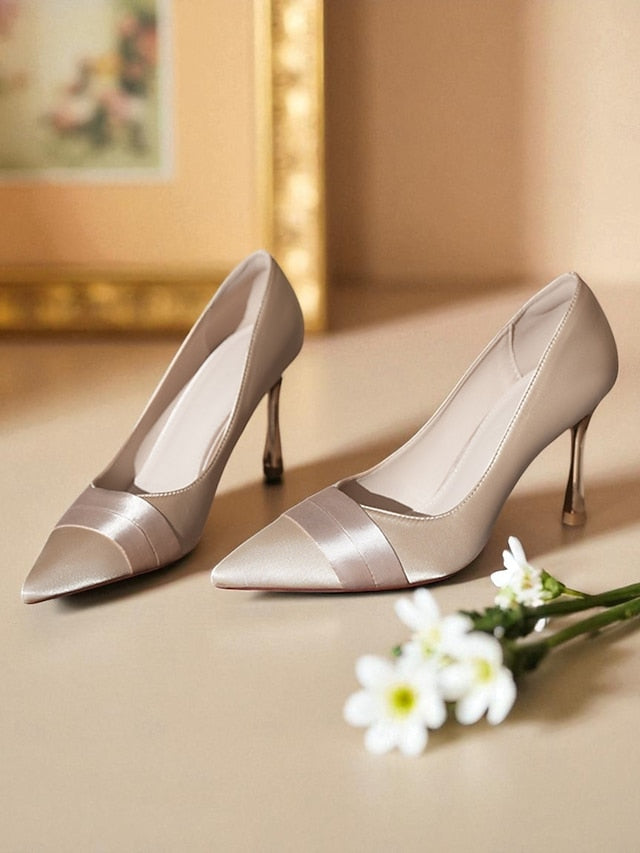 Pumps Women's Toe Heel - Dress High Pointed Satin Champagne FashionChic