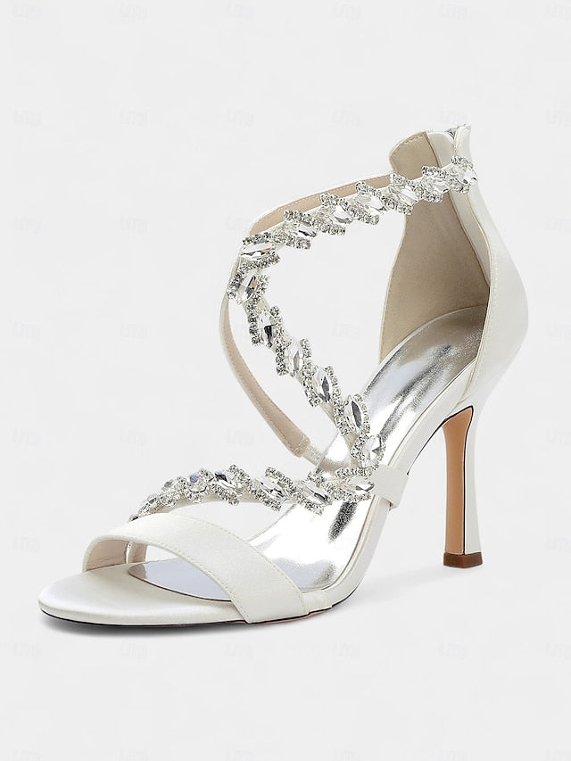 Women's Heel Sandals High White - Strappy Rhinestone FashionChic