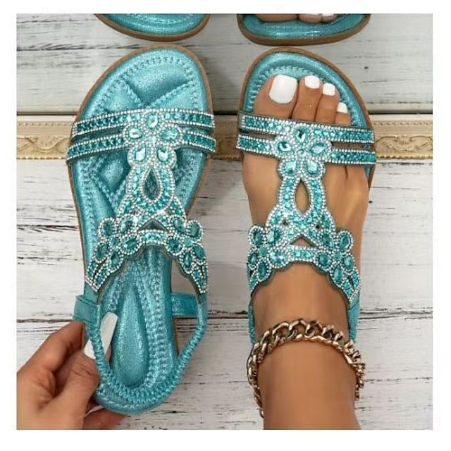 T-Strap Sandals Women's Silver Boho Rhinestone Flat – FashionChic