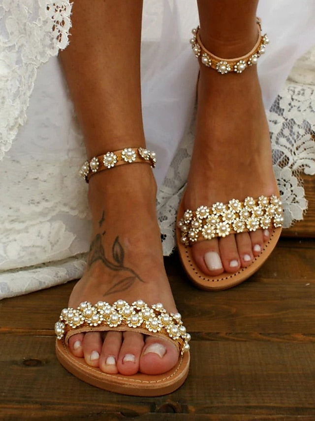 Beaded Ankle Chic Floral Flat with Boho for Straps Sandals FashionChic