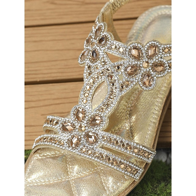 T-Strap Sandals Women's Silver Boho Rhinestone Flat – FashionChic