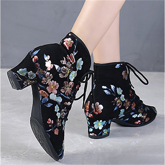 Floral Comfortable Women Lace-up – Black Low for Dance Shoes FashionChic