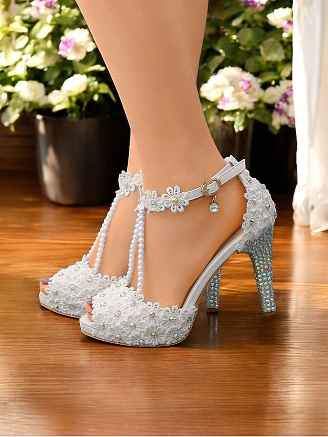 White Floral Bridal - Sandals Lace T-Strap Pearl-Decorated FashionChic