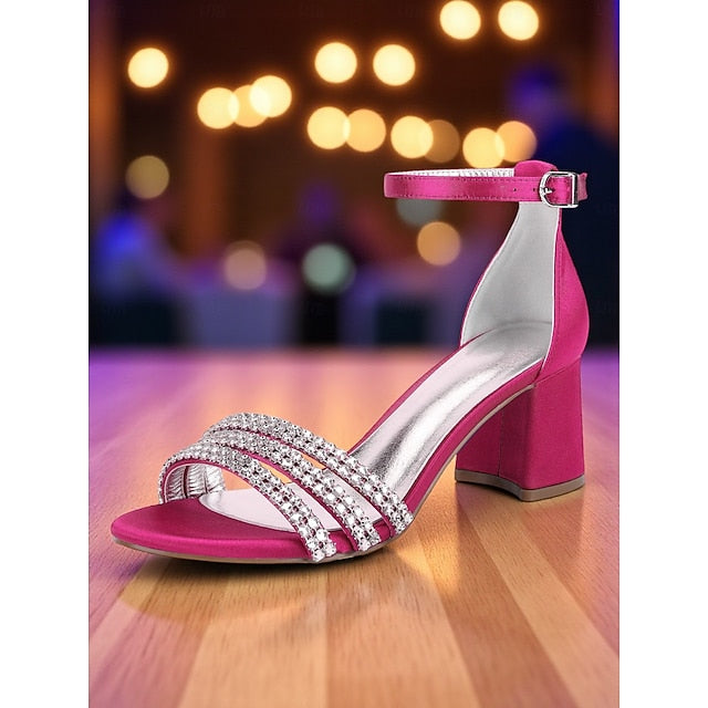 Satin Rhinestone Heel with Block Purple Women's Sandals FashionChic