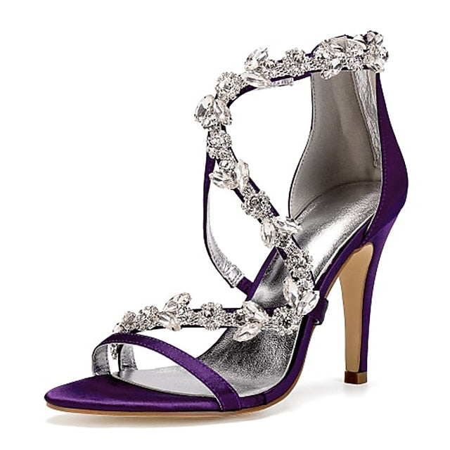Pink Rhinestone Women's Heel Satin Floral High Sandals with FashionChic